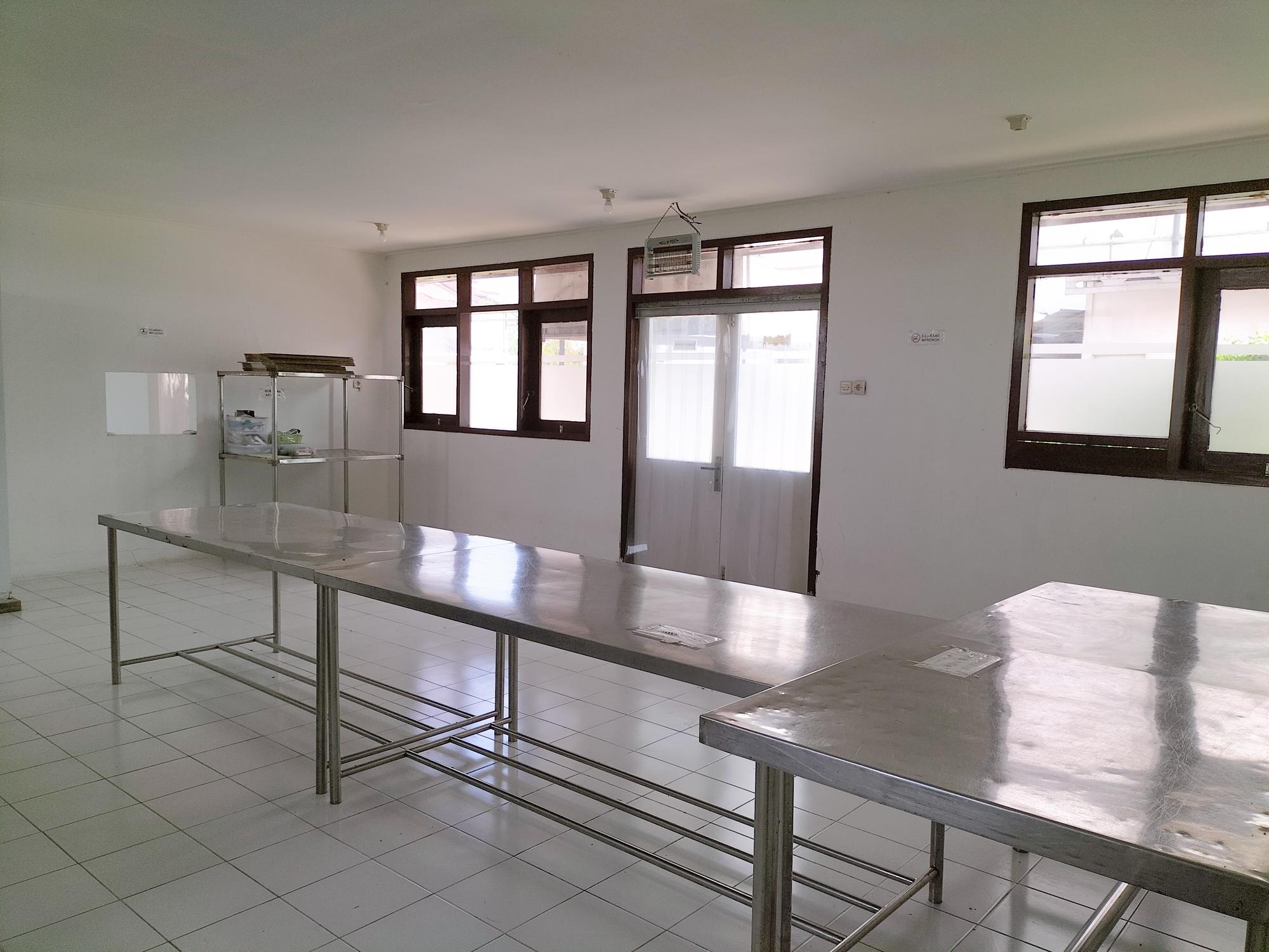 Workshop space with stainless benches and natural light